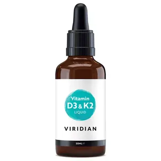 Brown dropper bottle labelled "Vitamin D3 & K2 Liquid, Viridian, 50ml".