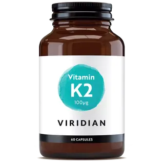 Brown bottle of Viridian Vitamin K2, 100µg, 60 capsules.