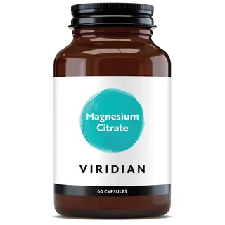 Viridian Magnesium Citrate, 60 capsules in a brown bottle with a black lid.