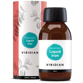 Viridian Wholefood Liquid Iron bottle and packaging, 200ml, vegan.