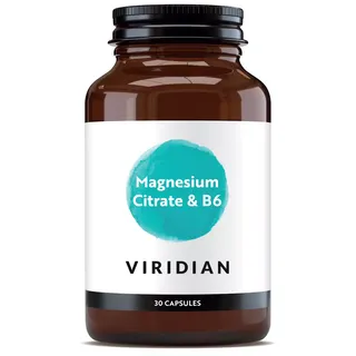 Brown bottle labelled "Magnesium Citrate & B6" by Viridian, 30 capsules.