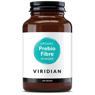 Brown jar of Viridian Organic Prebio Fibre Powder, 150 grams.