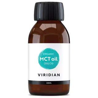 Brown bottle of Viridian Organic MCT oil, 200ml, with black cap.