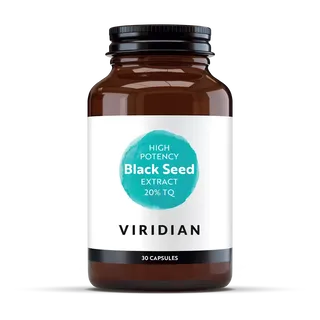 Brown bottle of Viridian Black Seed Extract, 30 capsules, high potency 20% TQ.