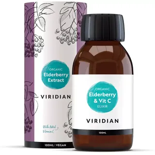 Viridian Organic Elderberry & Vit C Elixir, 100ml bottle and packaging with berry design.