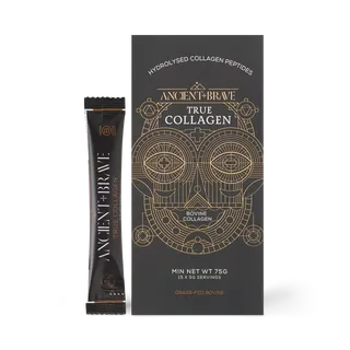 Black box of Ancient + Brave True Collagen with sachet. Hydrolysed peptides, grass-fed bovine.