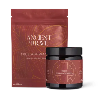 Ancient + Brave True Ashwagandha capsules, 35g, 60 capsules, in recyclable packaging.