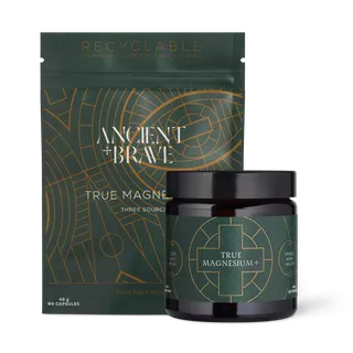 Ancient + Brave True Magnesium+ capsules, green packaging with geometric design.