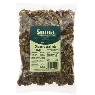 Suma Organic Walnuts 1Kg pack with nutritional information and origin details.