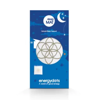 Blue packaging for sleep MAT, natural sleep support by energydots. Moon and stars design.