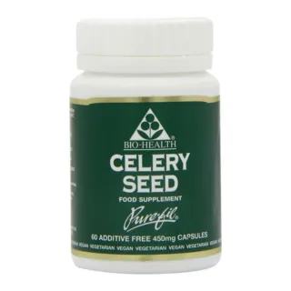 Bio-Health Celery Seed supplement, 60 additive-free 450mg capsules, vegan.