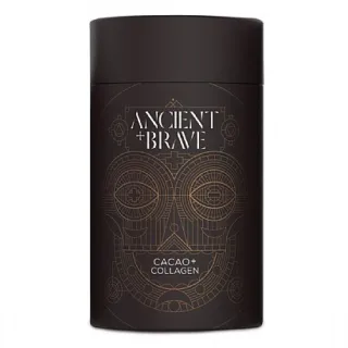 Black cylindrical container with "Ancient + Brave" and "Cacao + Collagen" text. Geometric design.