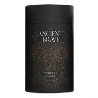 Black container with geometric design, labelled "Ancient + Brave Coffee + Collagen".