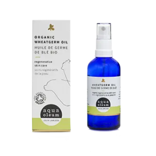 Organic wheatgerm oil bottle and box, Aqua Oleum branding.