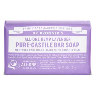 Dr. Bronner's lavender hemp soap bar, 140g, fair trade, organic oils, purple packaging.