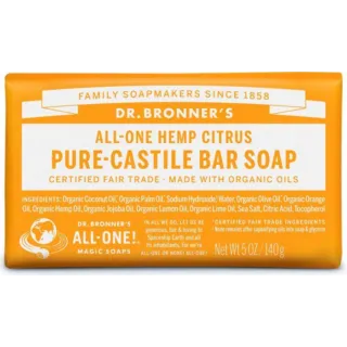 Dr. Bronner's Hemp Citrus Pure-Castile Bar Soap, 140g, organic ingredients, orange packaging.