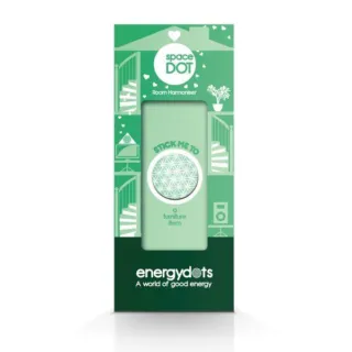 Green packaging for Space Dot Room Harmoniser by energydots. Text: "Stick me to a furniture item".