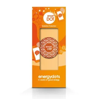 Orange packaging for smartDOT radiation protection device. Text: "energydots, A world of good energy".