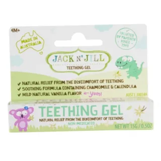 Jack N' Jill teething gel box, 15g, natural vanilla flavour, made in Australia, for 4M+ babies.