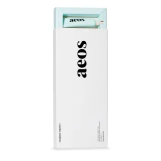 White box with "aeos" text, containing a light blue tube.