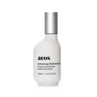 White bottle of aeos Refreshing Hydrating Mist, 100ml, with silver cap.