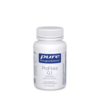 White bottle of Pure Encapsulations ProFlora G.I. supplement, 60 capsules, hypoallergenic.