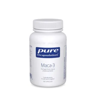 White bottle of Pure Encapsulations Maca-3, 60 capsules, hypoallergenic food supplement.