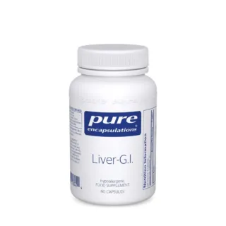 White bottle of Pure Encapsulations Liver-G.I. supplement, 60 capsules.