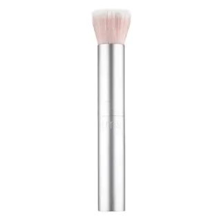 Silver makeup brush with white bristles, "rms" logo on handle.