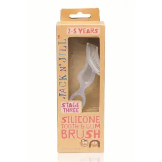 Jack N' Jill silicone tooth and gum brush for ages 2-5 in cardboard packaging.