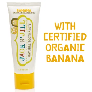 Jack N' Jill banana toothpaste, fluoride-free, 50g tube. Certified organic banana.