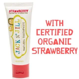 Jack N' Jill natural toothpaste, strawberry flavour, 50g tube. Certified organic strawberry.