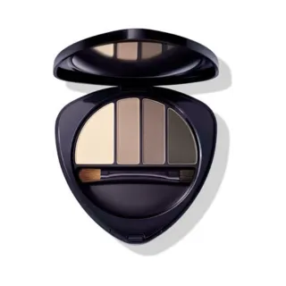 Open eyeshadow palette with four neutral shades and a small applicator brush.