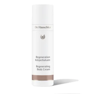 Dr. Hauschka Regenerating Body Cream bottle, white with brown band.