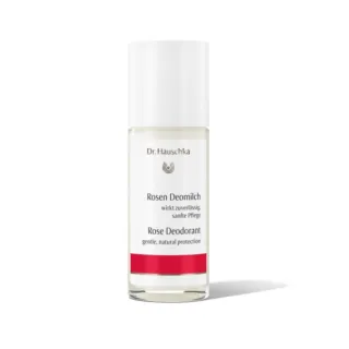 Dr. Hauschka Rose Deodorant bottle with white cap and red label.