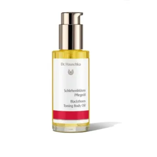 Dr. Hauschka Blackthorn Toning Body Oil in a pump bottle.