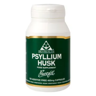 Bio-Health Psyllium Husk supplement bottle, 120 additive-free 400mg capsules.