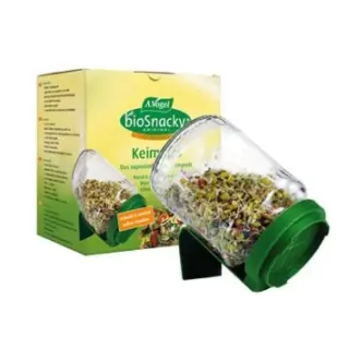 Sprouting jar with green lid and box labelled "A. Vogel bioSnacky".