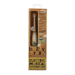 Buzzy Brush electric musical toothbrush for ages 3+, includes stickers, soft bristles, replaceable head.