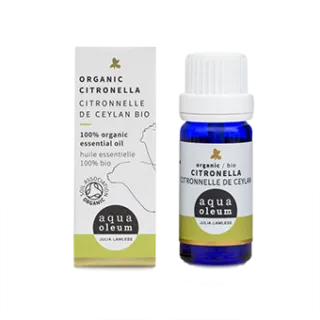 Organic citronella essential oil bottle and box, aqua oleum branding.
