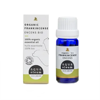 Organic frankincense essential oil bottle and box by Aqua Oleum.
