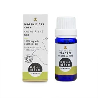 Organic tea tree essential oil bottle and box, aqua oleum brand.