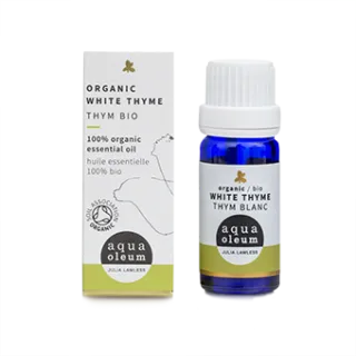 Organic white thyme essential oil bottle and box, labelled "aqua oleum".