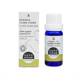 Organic Ylang Ylang essential oil bottle and box, aqua oleum brand.