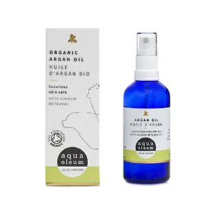 Organic Argan Oil bottle and box, aqua oleum branding, blue bottle with white label.