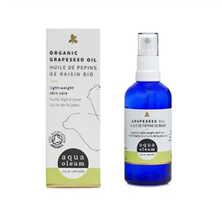 Organic grapeseed oil bottle and box, labelled "aqua oleum".