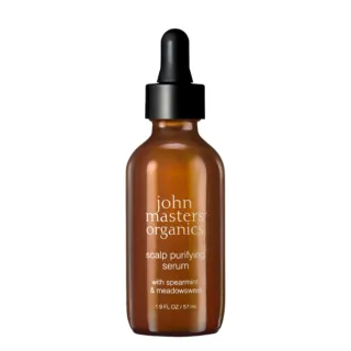 Brown bottle of John Masters Organics scalp purifying serum with dropper.
