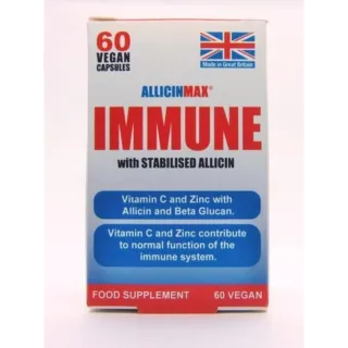 Box of 60 vegan capsules, labelled "IMMUNE" with stabilised allicin, made in Great Britain.