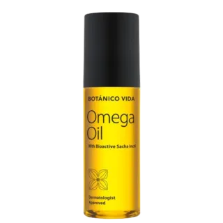Botánico Vida Omega Oil bottle with black cap, dermatologist approved.