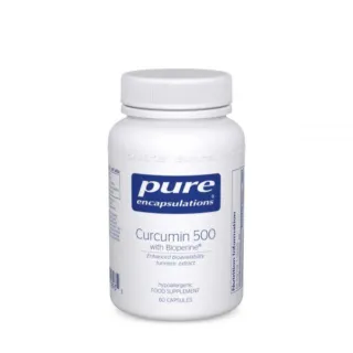 White bottle of Pure Encapsulations Curcumin 500, 60 capsules, with Bioperine.